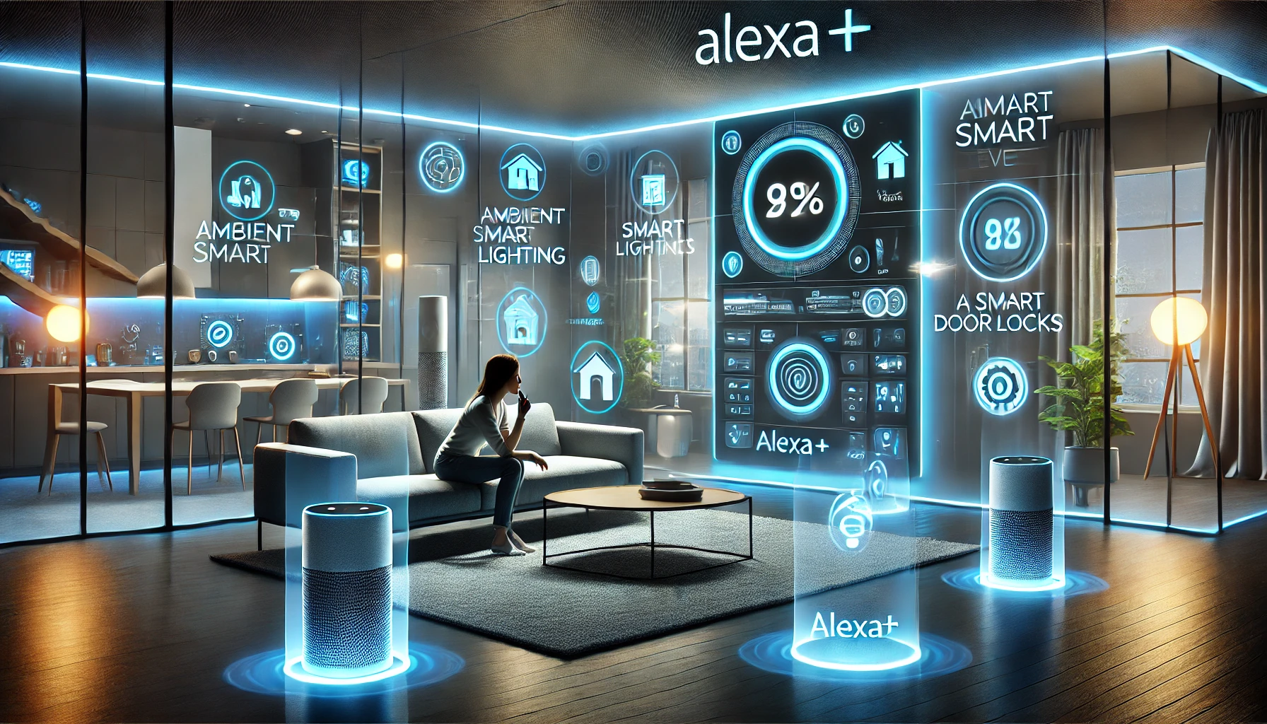 Smart home con Alexa+: Una casa moderna in cui diversi dispositivi (luci, termostati, serrature) sono collegati e controllati con la voce.