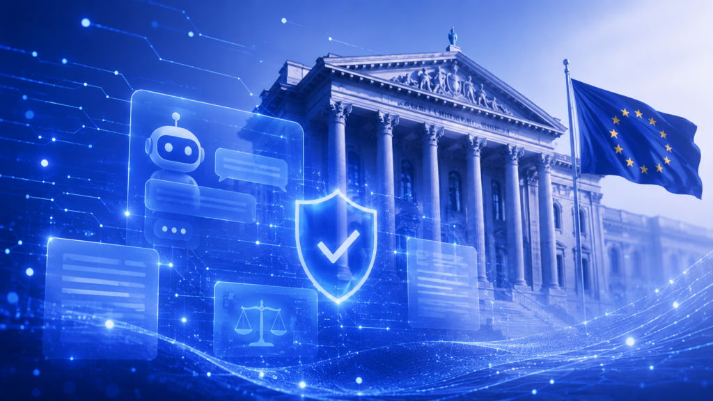 Rappresentazione astratta dell’AI Act applicato alla comunicazione pubblica, con edificio istituzionale europeo, interfacce digitali e simboli di trasparenza e controllo.